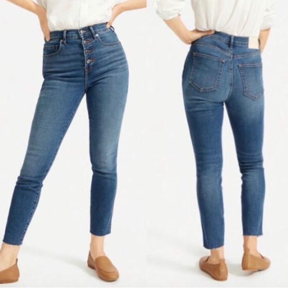 Everlane The Vintage Skinny High Rise Button Fly Ankle Jeans raw hem Size 28